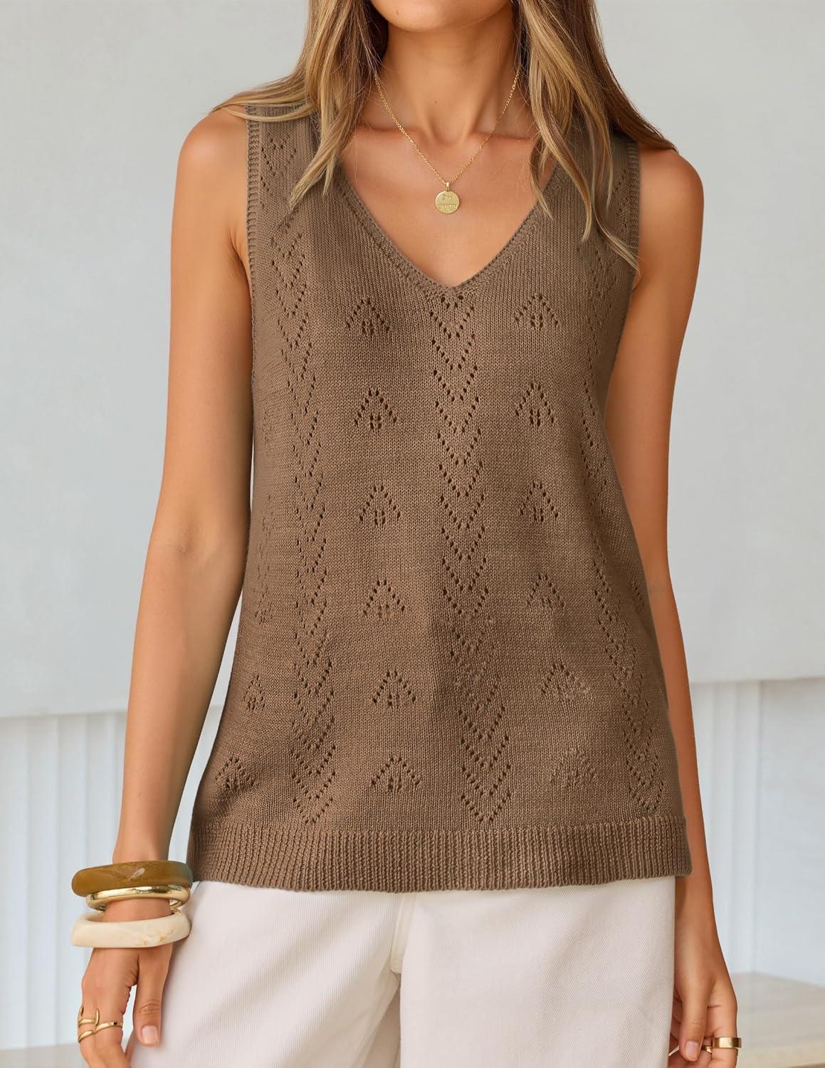imageZESICA Womens Summer Crochet Sleeveless V Neck Vest Tops 2026 Casual Lightweight Knit Sweaters Fashion Vacation ClothesKhaki