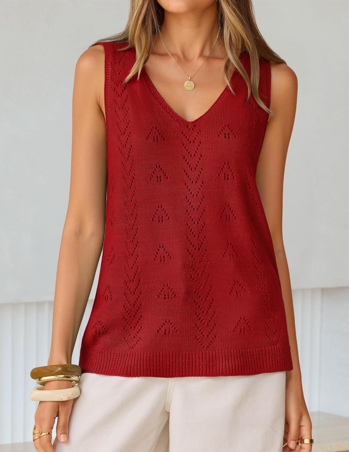 imageZESICA Womens Summer Crochet Sleeveless V Neck Vest Tops 2026 Casual Lightweight Knit Sweaters Fashion Vacation ClothesRed