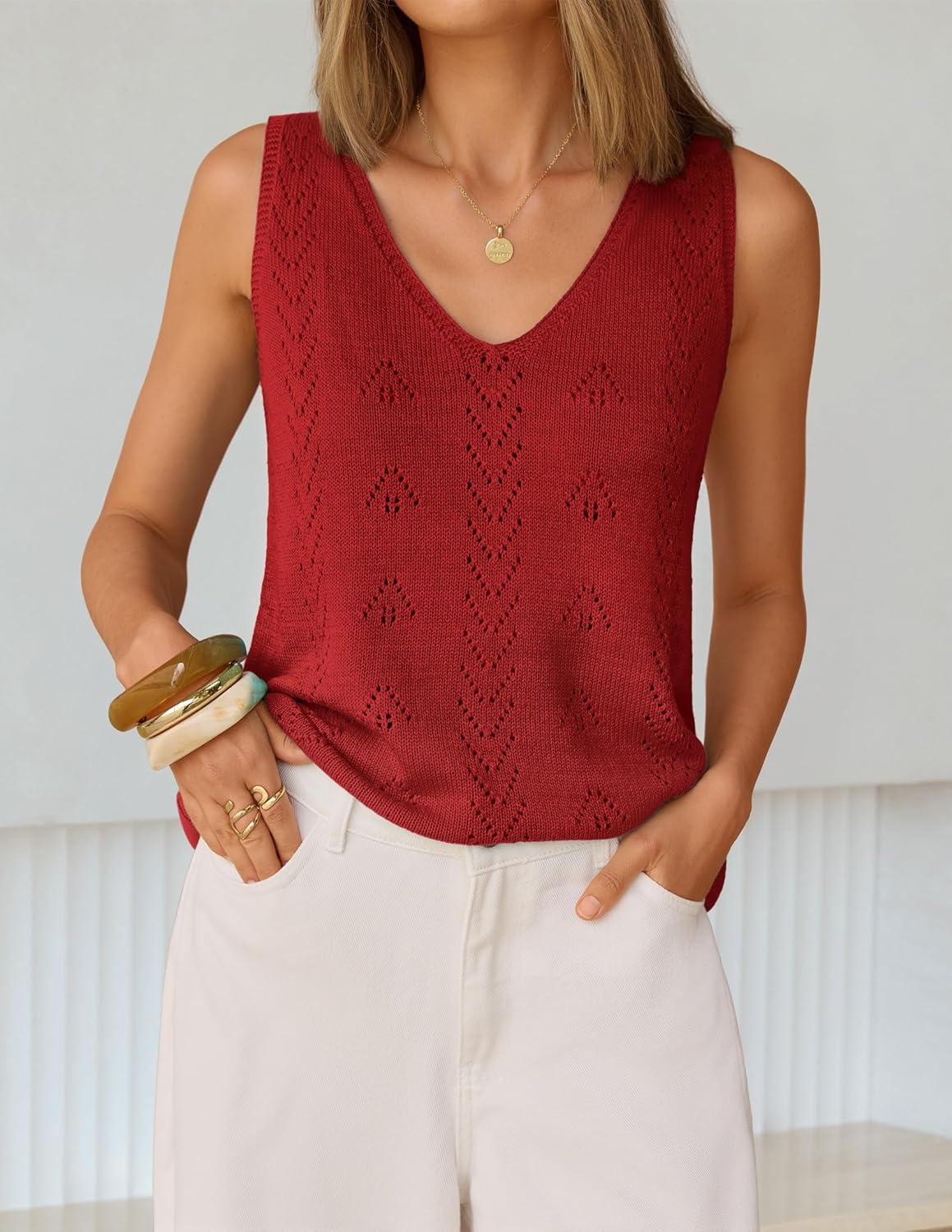 imageZESICA Womens Summer Crochet Sleeveless V Neck Vest Tops 2026 Casual Lightweight Knit Sweaters Fashion Vacation ClothesRed