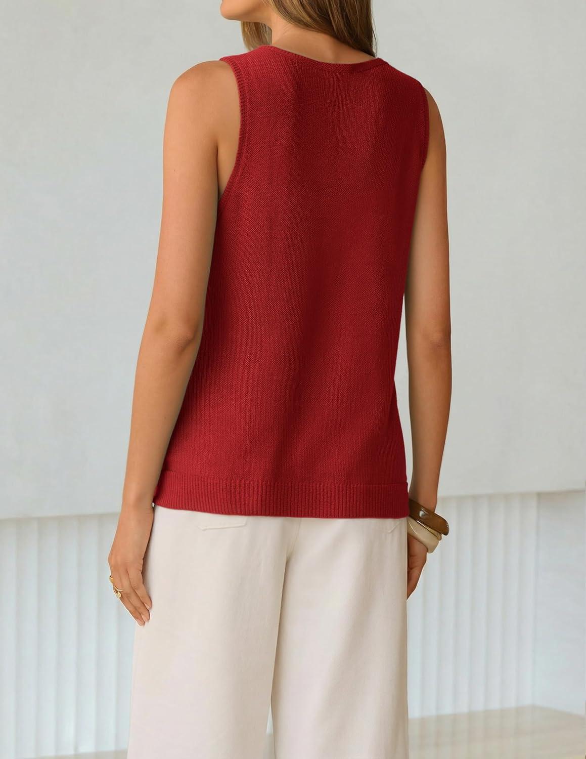 imageZESICA Womens Summer Crochet Sleeveless V Neck Vest Tops 2026 Casual Lightweight Knit Sweaters Fashion Vacation ClothesRed