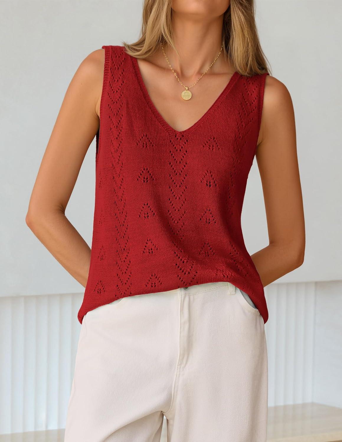 imageZESICA Womens Summer Crochet Sleeveless V Neck Vest Tops 2026 Casual Lightweight Knit Sweaters Fashion Vacation ClothesRed