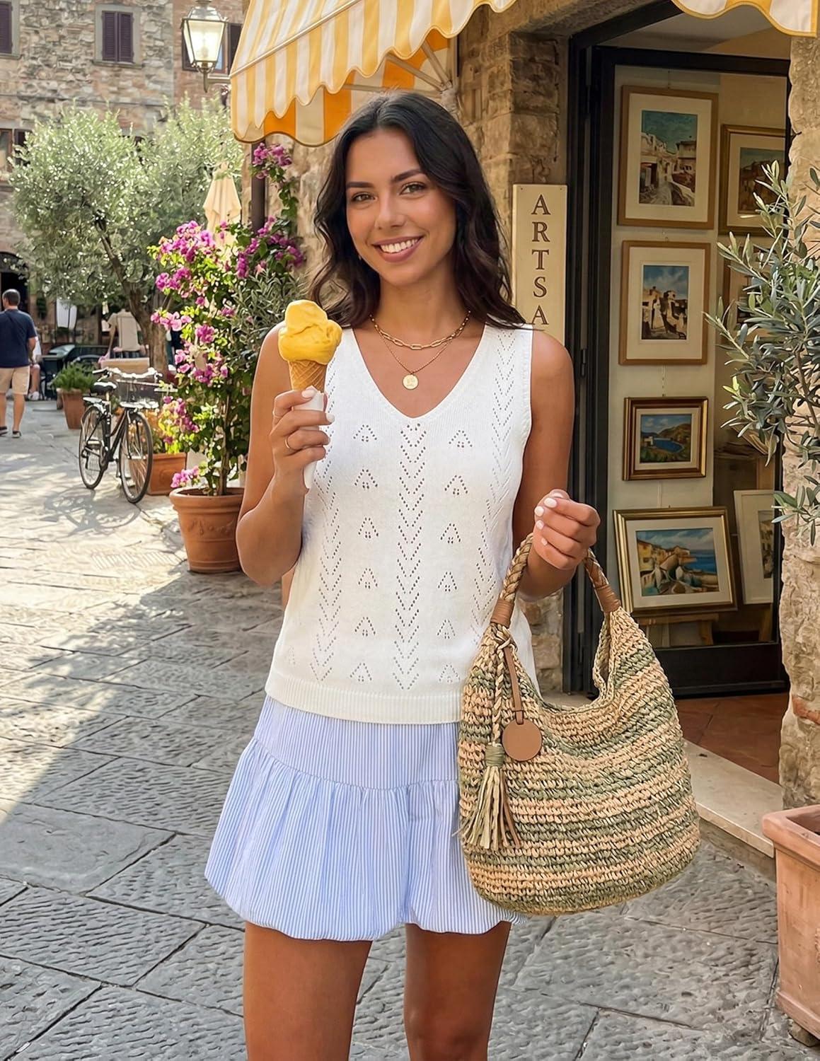 imageZESICA Womens Summer Crochet Sleeveless V Neck Vest Tops 2026 Casual Lightweight Knit Sweaters Fashion Vacation ClothesWhite