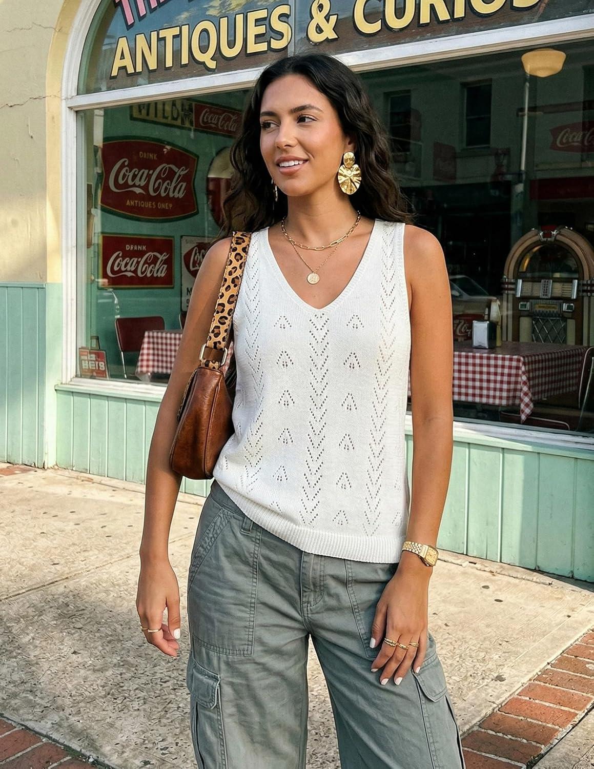imageZESICA Womens Summer Crochet Sleeveless V Neck Vest Tops 2026 Casual Lightweight Knit Sweaters Fashion Vacation ClothesWhite