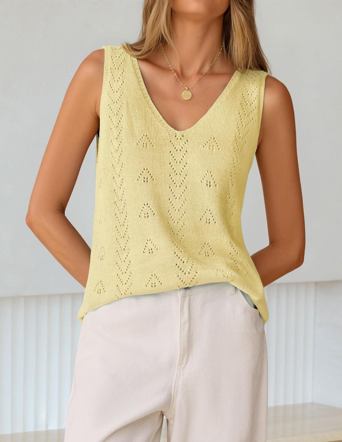 imageZESICA Womens Summer Crochet Sleeveless V Neck Vest Tops 2026 Casual Lightweight Knit Sweaters Fashion Vacation ClothesYellow