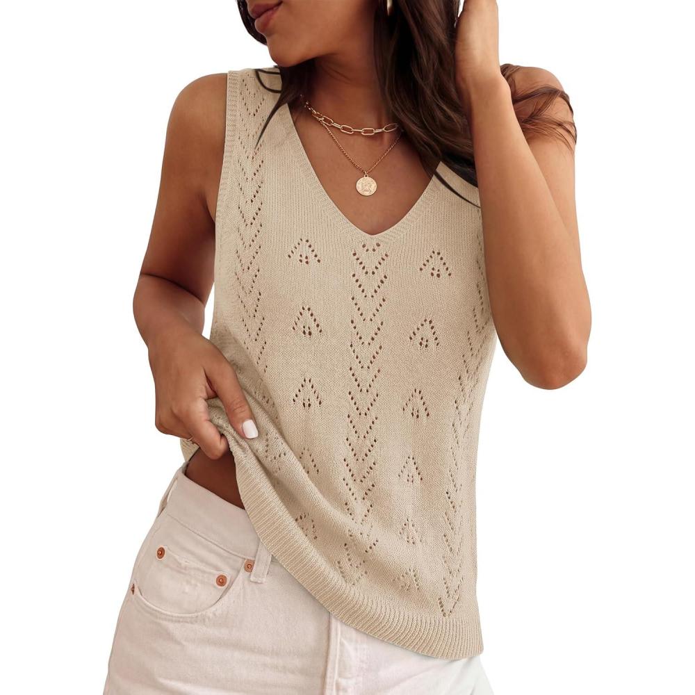 imageZESICA Womens Summer Crochet Sleeveless V Neck Vest Tops 2026 Casual Lightweight Knit Sweaters Fashion Vacation ClothesApricot