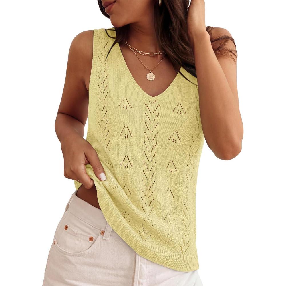 imageZESICA Womens Summer Crochet Sleeveless V Neck Vest Tops 2026 Casual Lightweight Knit Sweaters Fashion Vacation ClothesYellow