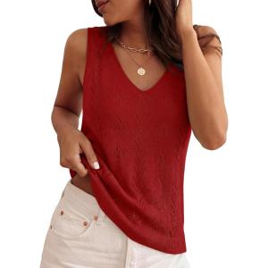 ZESICA Women’s Summer Crochet Sleeveless V Neck Vest Tops 2026 Casual Lightweight Knit Sweaters Fashion Vacation Clothes(Red)