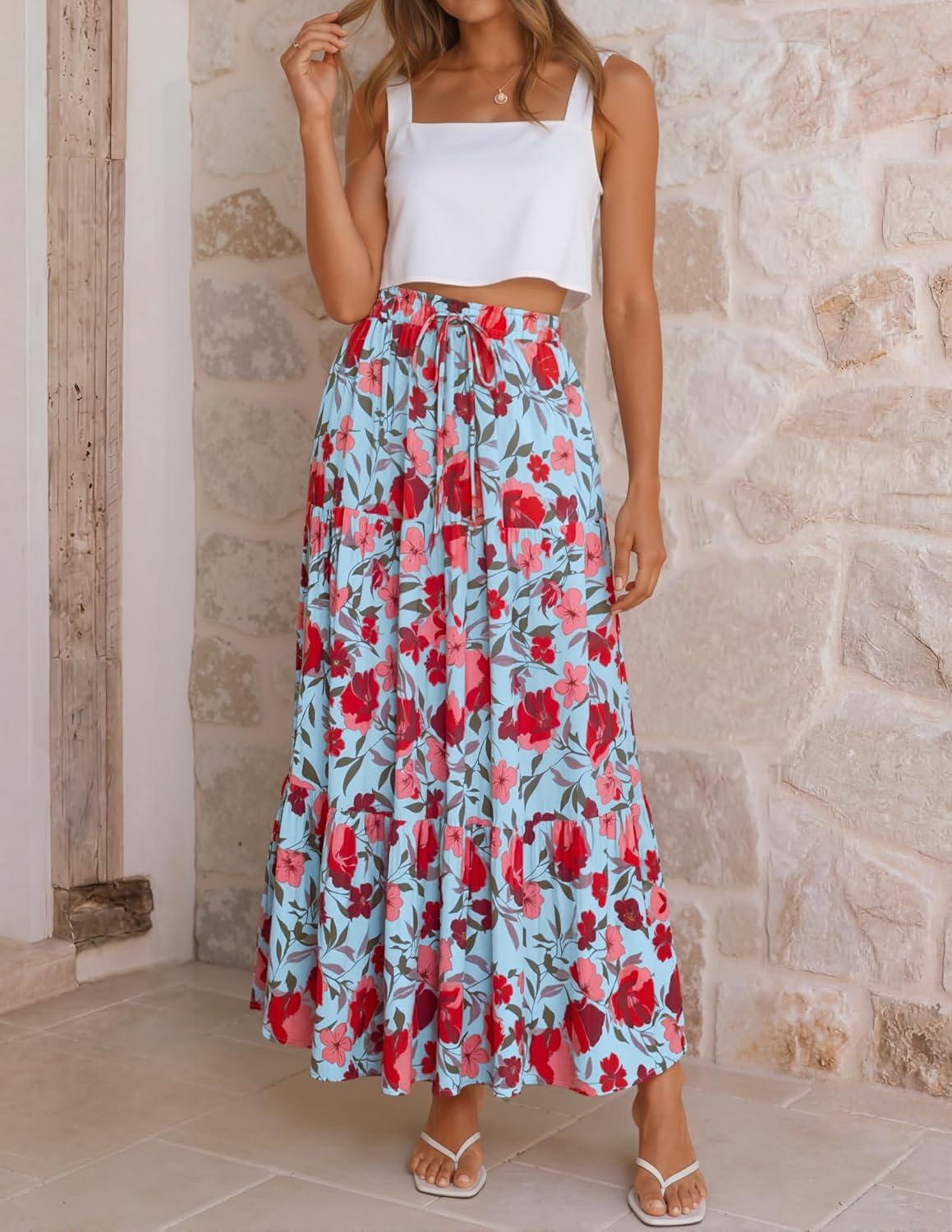 imageZESICA Womens 2026 Summer Bohemian Floral Printed Elastic Waist A Line Maxi Skirt with PocketsLightblue