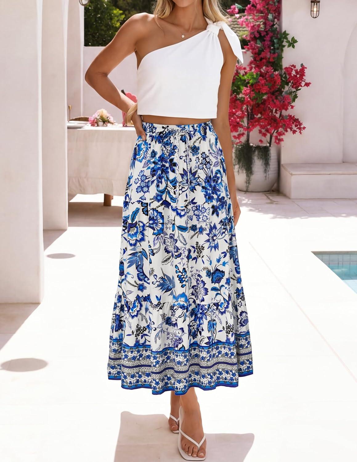 imageZESICA Womens 2026 Summer Bohemian Floral Printed Elastic Waist A Line Maxi Skirt with PocketsVintageblue
