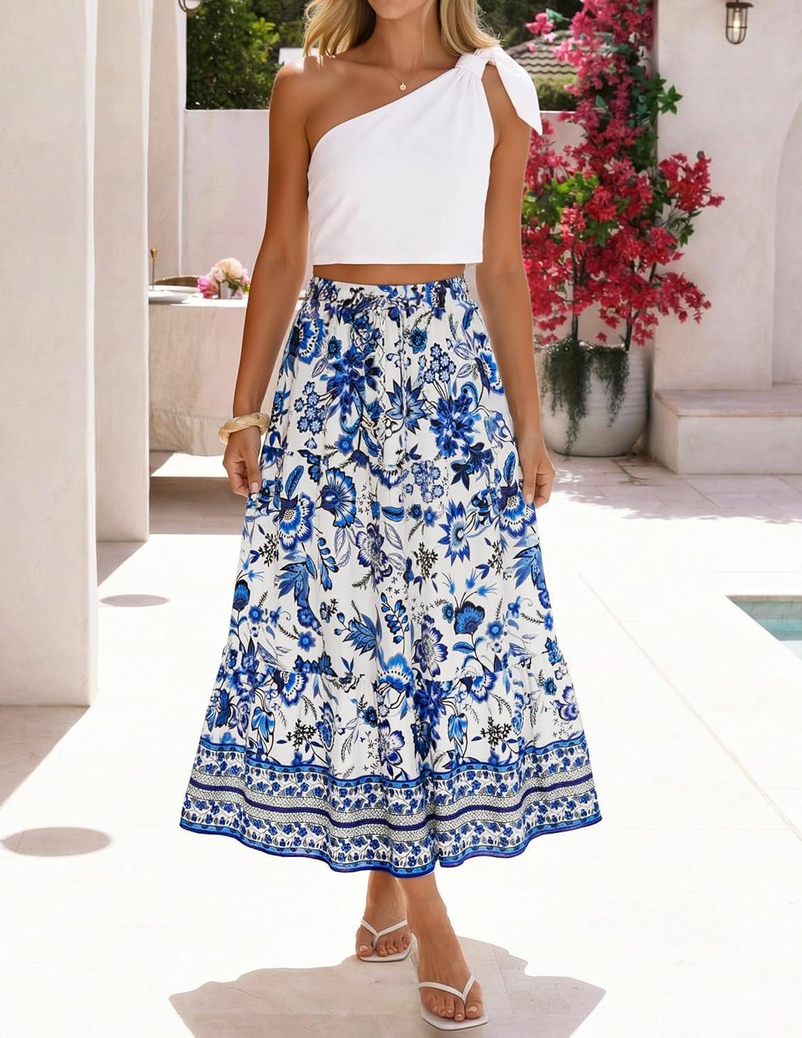 imageZESICA Womens 2026 Summer Bohemian Floral Printed Elastic Waist A Line Maxi Skirt with PocketsVintageblue