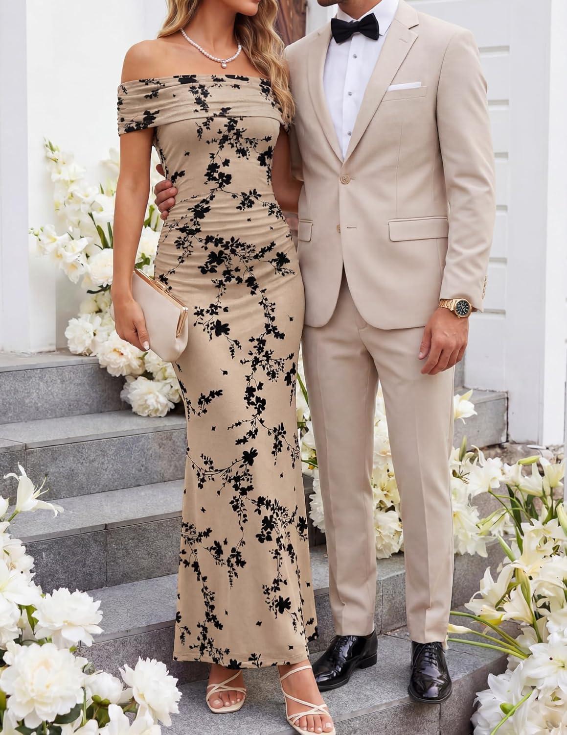 imageZESICA Womens Summer Off Shoulder Floral Bodycon Maxi Dress 2026 Ruched Elegant Formal Cocktail Wedding Guest Long DressesLight Khaki