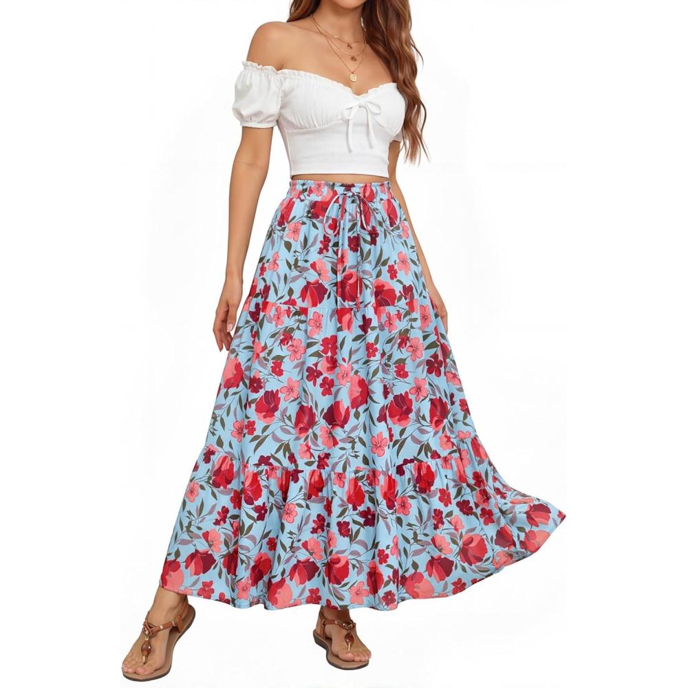 imageZESICA Womens 2026 Summer Bohemian Floral Printed Elastic Waist A Line Maxi Skirt with PocketsLightblue