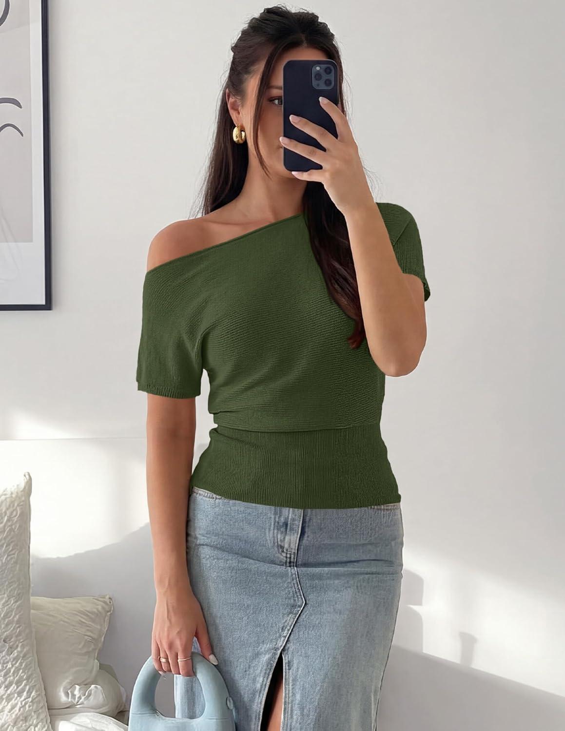 imageZESICA Womens Off The Shoulder Short Sleeve Sweater Tops 2026 Summer Casual Ruched Knit Going Out Trendy Spring ShirtsArmy