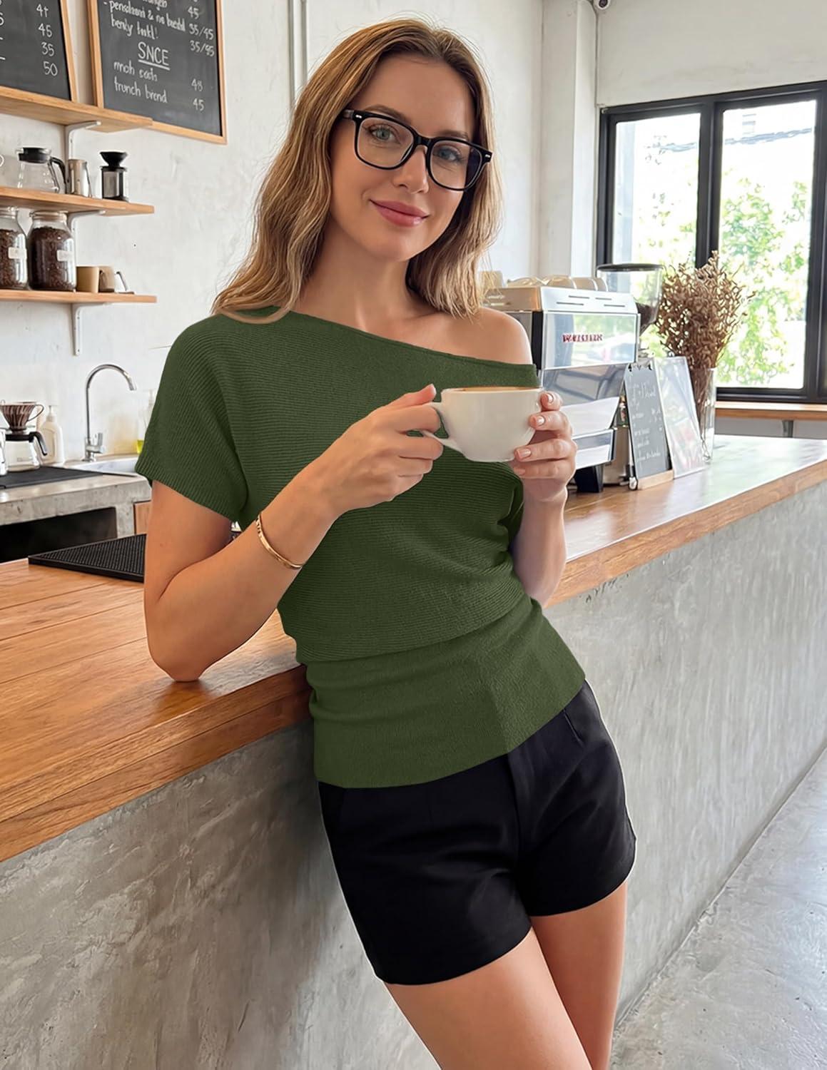 imageZESICA Womens Off The Shoulder Short Sleeve Sweater Tops 2026 Summer Casual Ruched Knit Going Out Trendy Spring ShirtsArmy