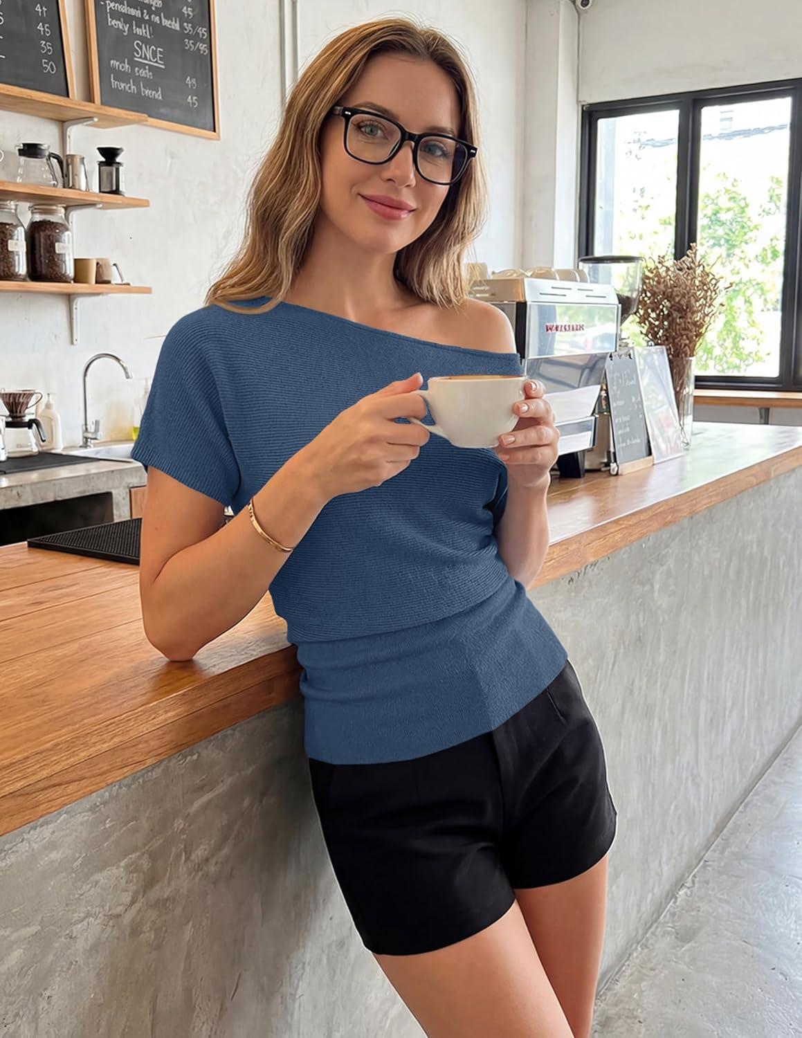 imageZESICA Womens Off The Shoulder Short Sleeve Sweater Tops 2026 Summer Casual Ruched Knit Going Out Trendy Spring ShirtsDustyblue