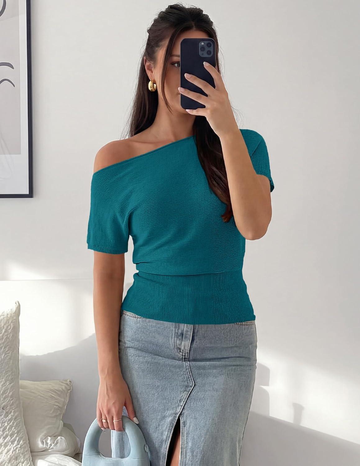 imageZESICA Womens Off The Shoulder Short Sleeve Sweater Tops 2026 Summer Casual Ruched Knit Going Out Trendy Spring ShirtsLakeblue