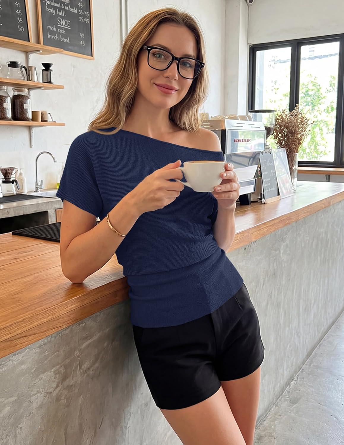 imageZESICA Womens Off The Shoulder Short Sleeve Sweater Tops 2026 Summer Casual Ruched Knit Going Out Trendy Spring ShirtsNavy