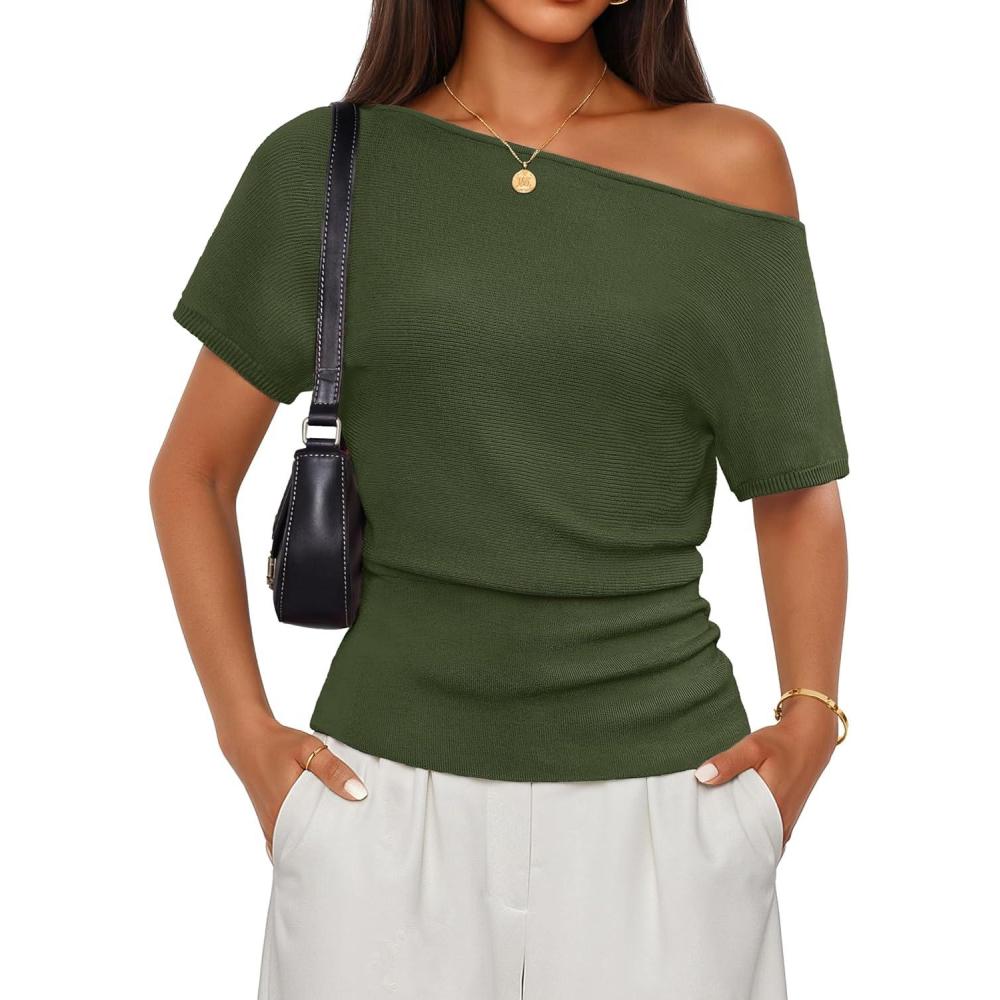 imageZESICA Womens Off The Shoulder Short Sleeve Sweater Tops 2026 Summer Casual Ruched Knit Going Out Trendy Spring ShirtsArmy