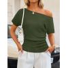 ZESICA Women’s Off The Shoulder Short Sleeve Sweater Tops 2026 Summer Casual Ruched Knit Going Out Trendy Spring Shirts(Army)