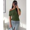 ZESICA Women’s Off The Shoulder Short Sleeve Sweater Tops 2026 Summer Casual Ruched Knit Going Out Trendy Spring Shirts(Army)