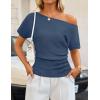ZESICA Women’s Off The Shoulder Short Sleeve Sweater Tops 2026 Summer Casual Ruched Knit Going Out Trendy Spring Shirts(Dustyblue)