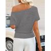 ZESICA Women’s Off The Shoulder Short Sleeve Sweater Tops 2026 Summer Casual Ruched Knit Going Out Trendy Spring Shirts(Grey)