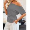 ZESICA Women’s Off The Shoulder Short Sleeve Sweater Tops 2026 Summer Casual Ruched Knit Going Out Trendy Spring Shirts(Grey)