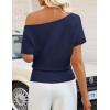 ZESICA Women’s Off The Shoulder Short Sleeve Sweater Tops 2026 Summer Casual Ruched Knit Going Out Trendy Spring Shirts(Navy)