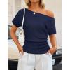 ZESICA Women’s Off The Shoulder Short Sleeve Sweater Tops 2026 Summer Casual Ruched Knit Going Out Trendy Spring Shirts(Navy)