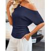 ZESICA Women’s Off The Shoulder Short Sleeve Sweater Tops 2026 Summer Casual Ruched Knit Going Out Trendy Spring Shirts(Navy)