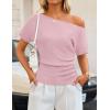 ZESICA Women’s Off The Shoulder Short Sleeve Sweater Tops 2026 Summer Casual Ruched Knit Going Out Trendy Spring Shirts(Pink)