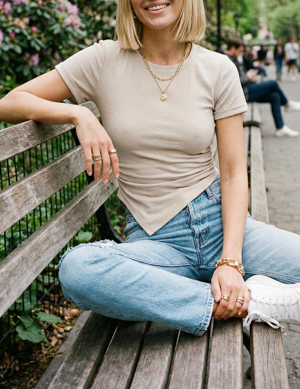 imageZESICA Asymmetrical Ruched Tops for Women 2026 Summer Casual Short Sleeve Slim Fit Y2K Going Out ShirtsSand