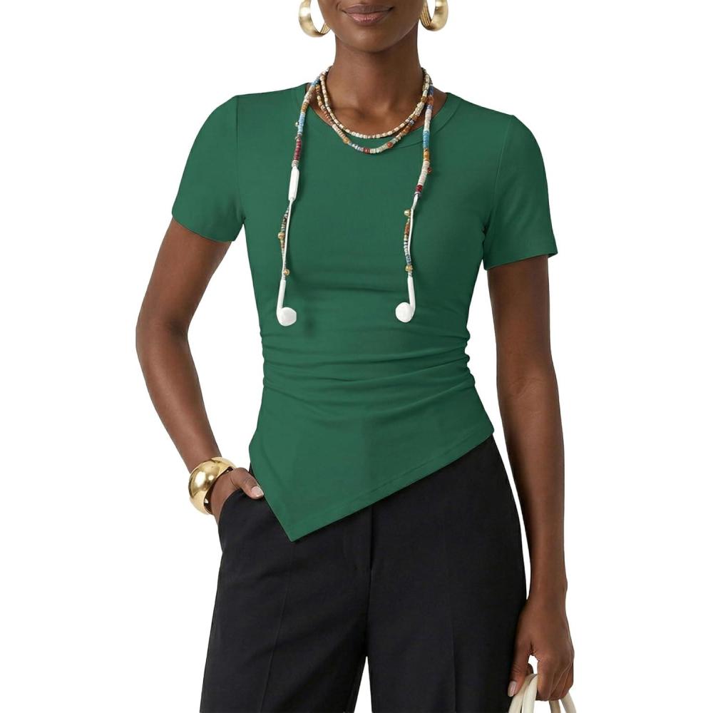 imageZESICA Asymmetrical Ruched Tops for Women 2026 Summer Casual Short Sleeve Slim Fit Y2K Going Out ShirtsGreen