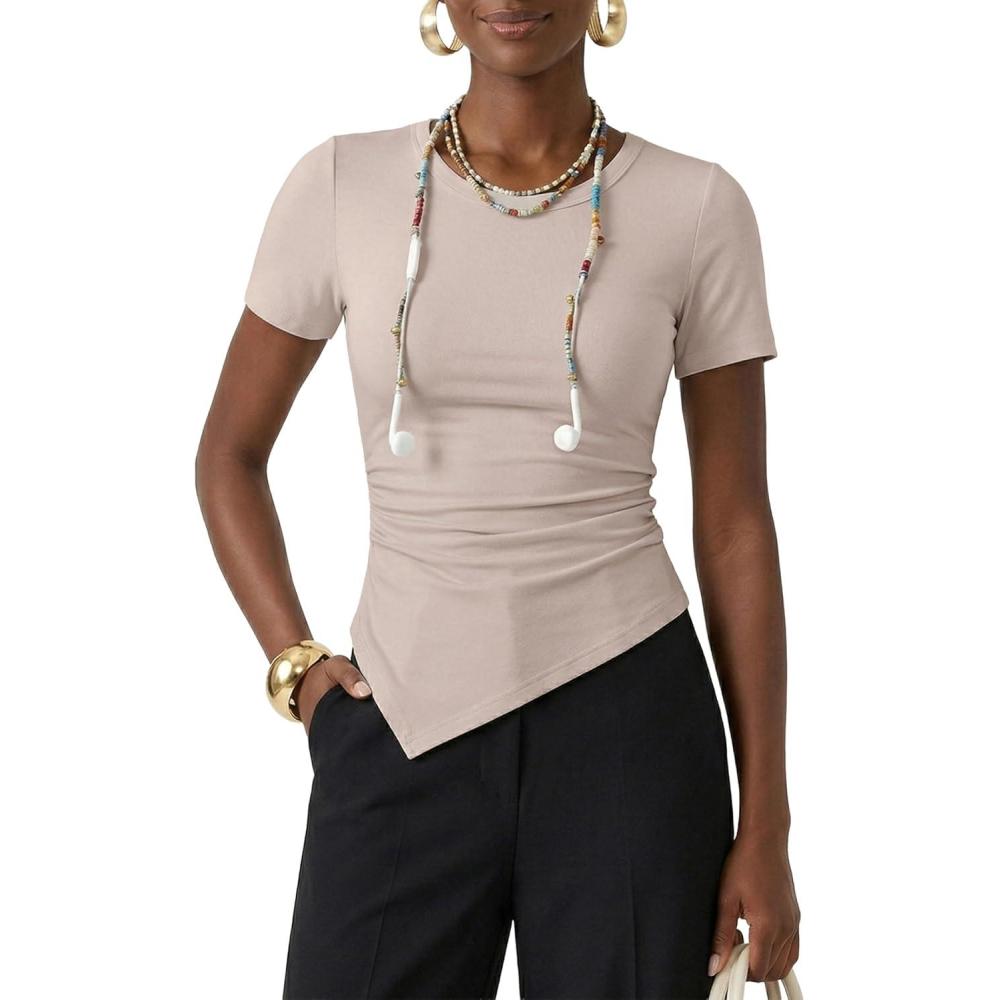 imageZESICA Asymmetrical Ruched Tops for Women 2026 Summer Casual Short Sleeve Slim Fit Y2K Going Out ShirtsSand