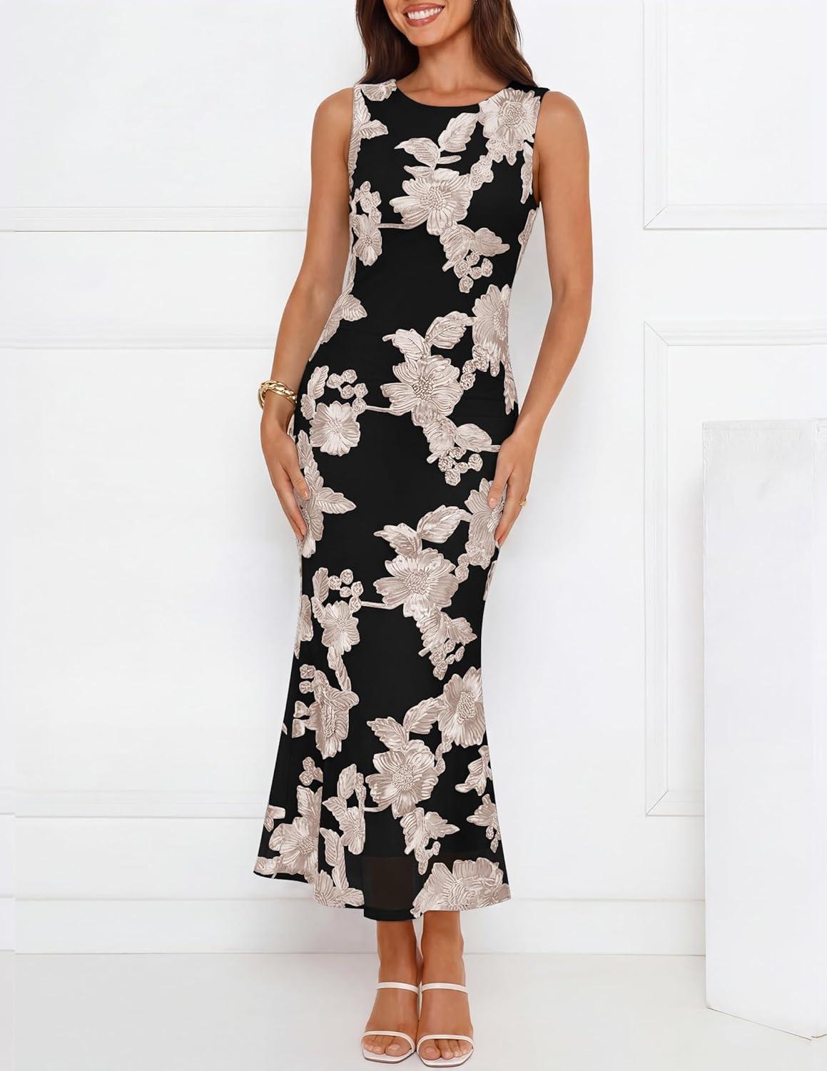 imageZESICA Womens 2026 Summer Floral Wedding Guest Midi Dress Sleeveless Mesh Slit Bodycon Formal Cocktail Party DressesBlack