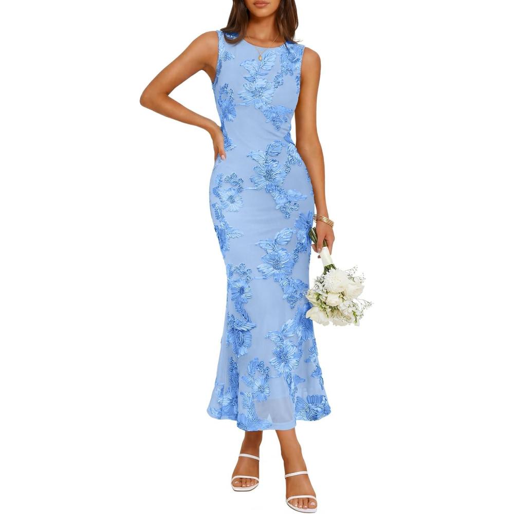 imageZESICA Womens 2026 Summer Floral Wedding Guest Midi Dress Sleeveless Mesh Slit Bodycon Formal Cocktail Party DressesBlue