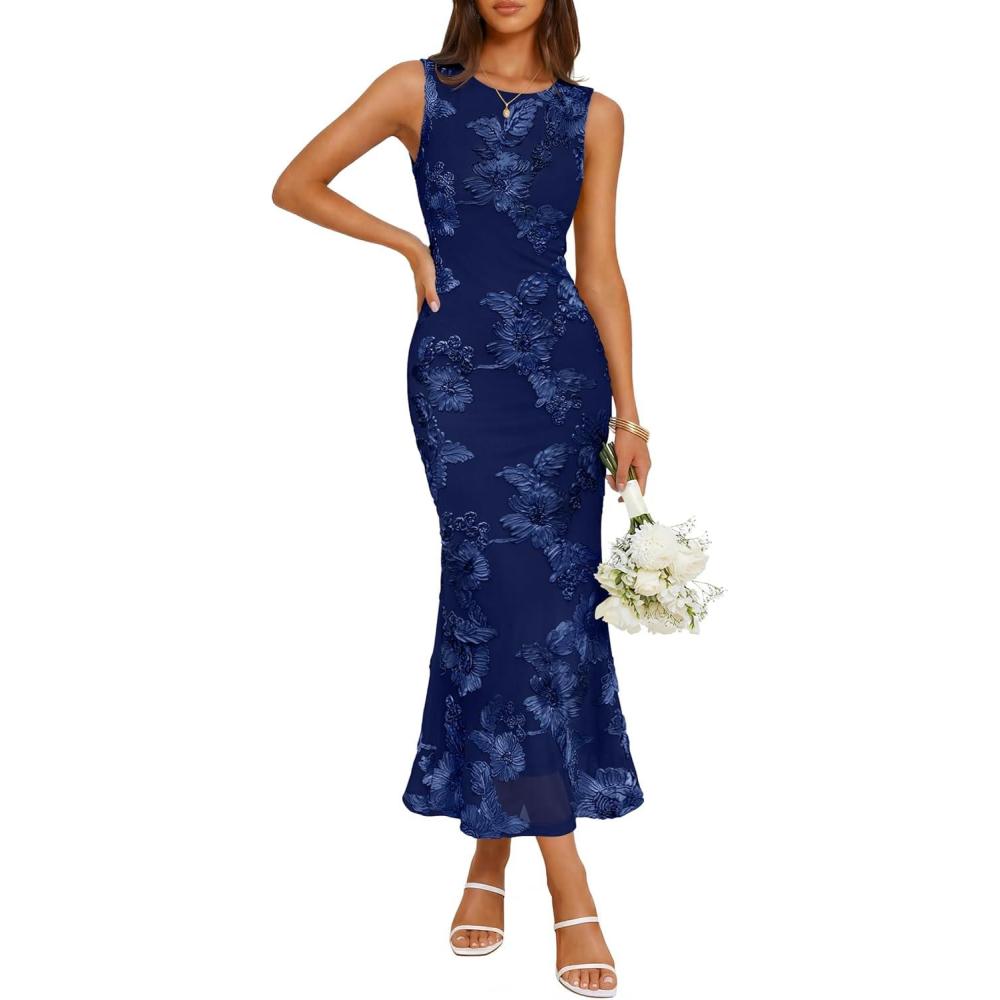 imageZESICA Womens 2026 Summer Floral Wedding Guest Midi Dress Sleeveless Mesh Slit Bodycon Formal Cocktail Party DressesNavy