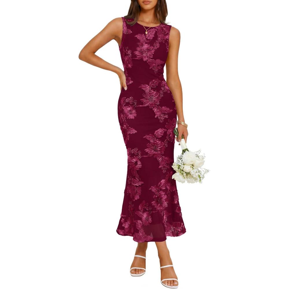 imageZESICA Womens 2026 Summer Floral Wedding Guest Midi Dress Sleeveless Mesh Slit Bodycon Formal Cocktail Party DressesWine