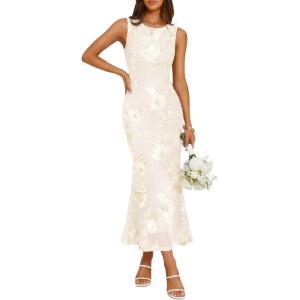 ZESICA Womens 2026 Summer Floral Wedding Guest Midi Dress Sleeveless Mesh Slit Bodycon Formal Cocktail Party Dresses(Apricot)