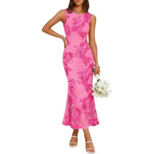 ZESICA Womens 2026 Summer Floral Wedding Guest Midi Dress Sleeveless Mesh Slit Bodycon Formal Cocktail Party Dresses(Rose)