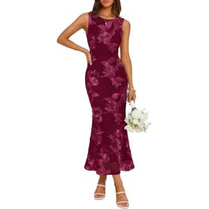 ZESICA Womens 2026 Summer Floral Wedding Guest Midi Dress Sleeveless Mesh Slit Bodycon Formal Cocktail Party Dresses(Wine)