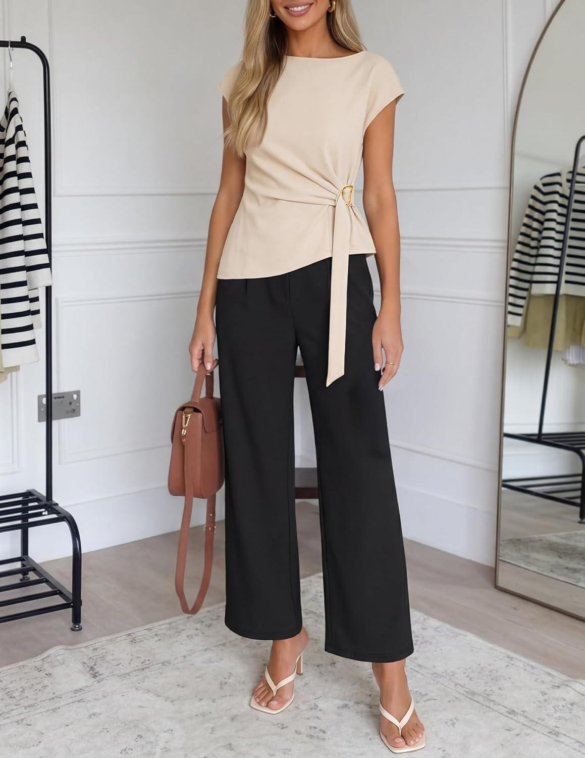 imageZESICA Womens 2026 Summer 2 Piece Outfit Sets Casual Short Sleeve Knit Belted Tops and Wide Leg Pants Work Office ClothesApricot
