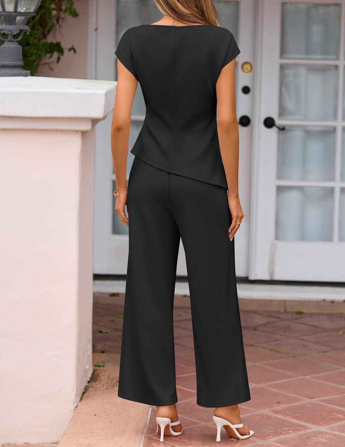 imageZESICA Womens 2026 Summer 2 Piece Outfit Sets Casual Short Sleeve Knit Belted Tops and Wide Leg Pants Work Office ClothesBlack