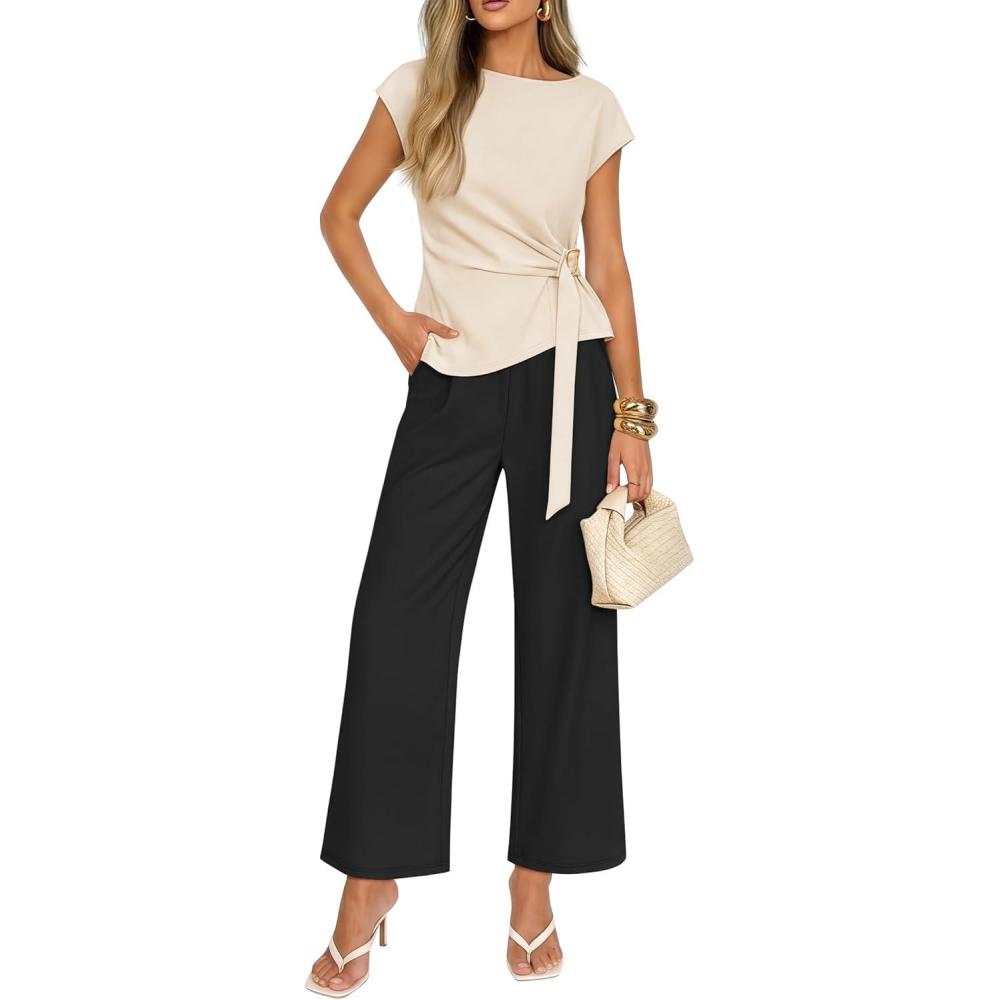 imageZESICA Womens 2026 Summer 2 Piece Outfit Sets Casual Short Sleeve Knit Belted Tops and Wide Leg Pants Work Office ClothesApricot