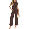 ZESICA Women’s 2026 Summer 2 Piece Outfit Sets Casual Short Sleeve Knit Belted Tops and Wide Leg Pants Work Office Clothes(Brown)