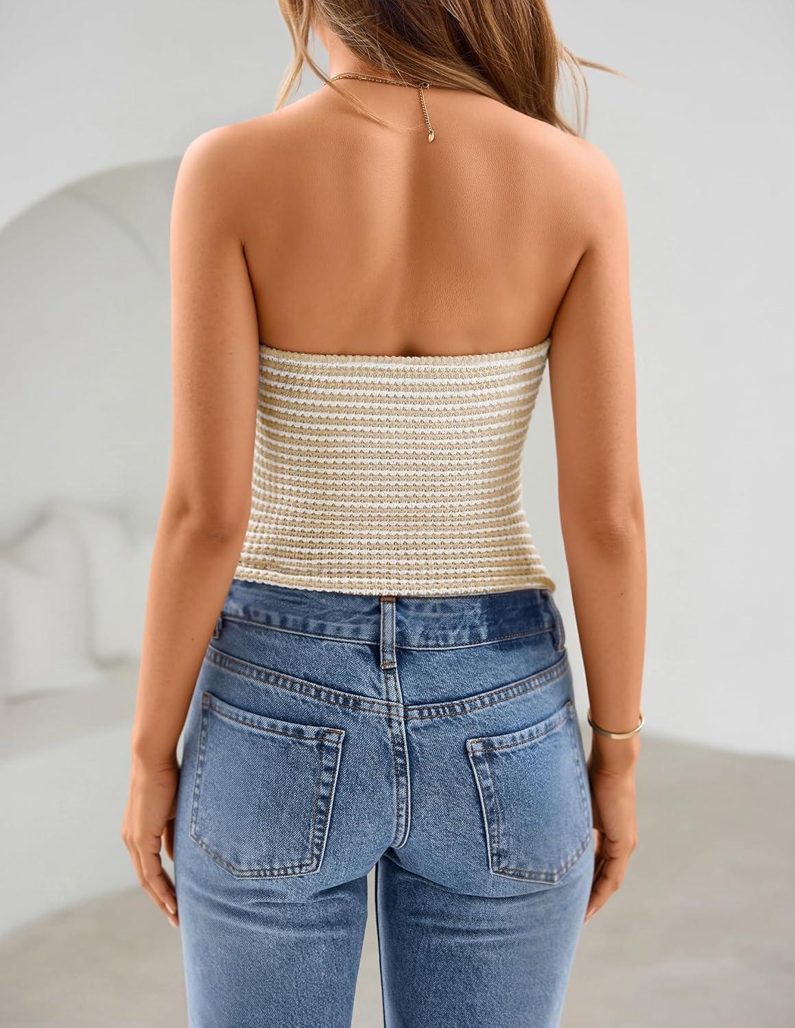 imageZESICA Womens Spring Striped Strapless Crop Tube Tops 2026 Summer Knit Bandeau Going Out Shirts Y2K Beach Vacation OutfitsApricot