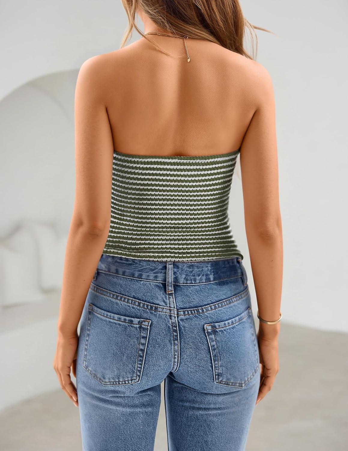imageZESICA Womens Spring Striped Strapless Crop Tube Tops 2026 Summer Knit Bandeau Going Out Shirts Y2K Beach Vacation OutfitsArmygreen