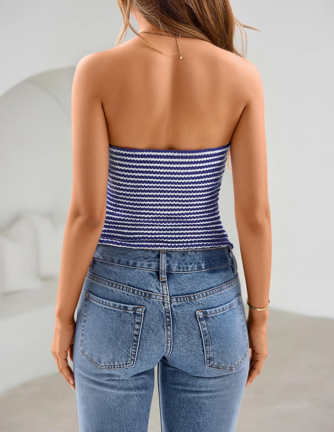 imageZESICA Womens Spring Striped Strapless Crop Tube Tops 2026 Summer Knit Bandeau Going Out Shirts Y2K Beach Vacation OutfitsBlue