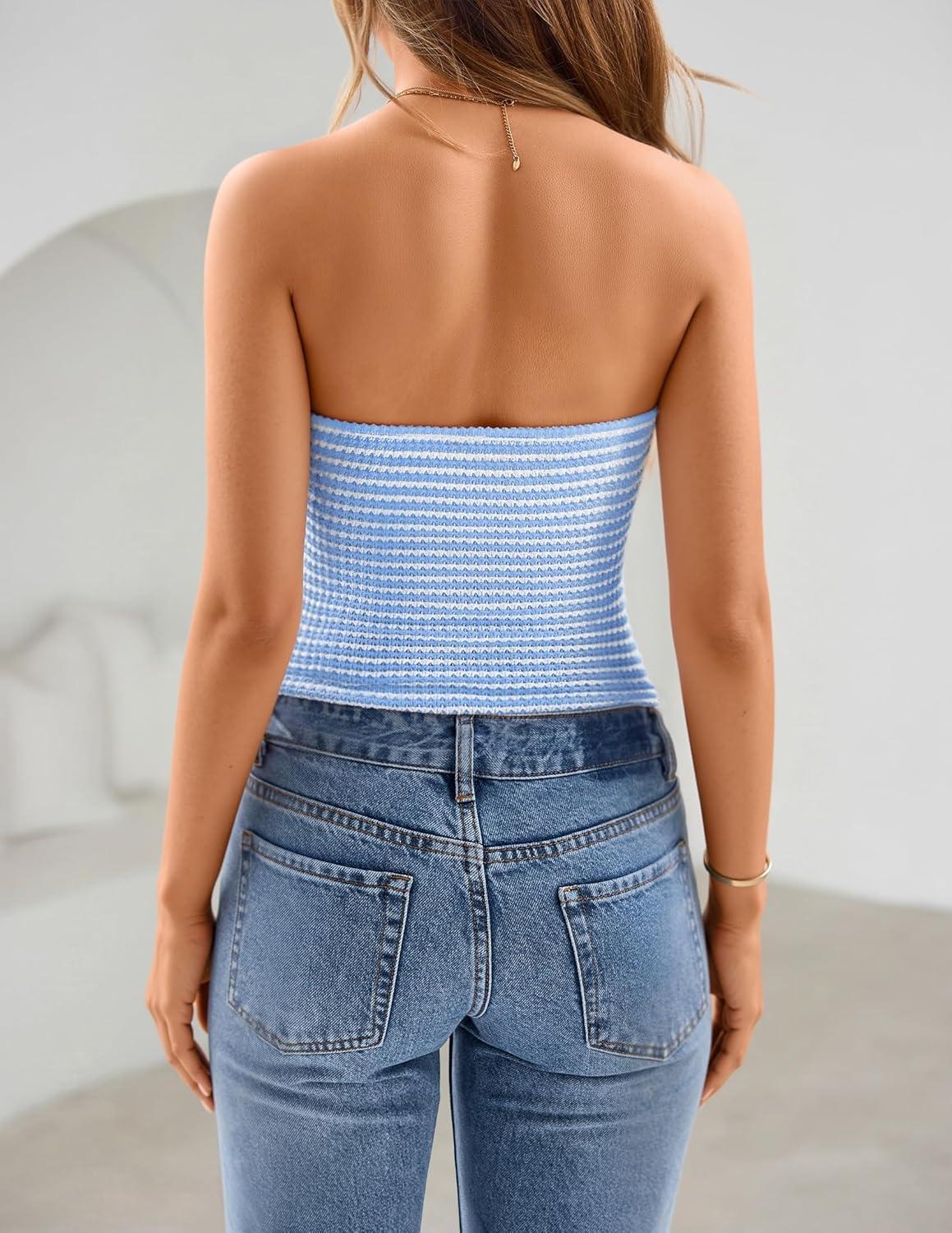 imageZESICA Womens Spring Striped Strapless Crop Tube Tops 2026 Summer Knit Bandeau Going Out Shirts Y2K Beach Vacation OutfitsLightblue