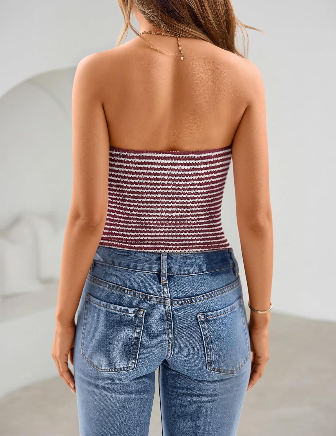 imageZESICA Womens Spring Striped Strapless Crop Tube Tops 2026 Summer Knit Bandeau Going Out Shirts Y2K Beach Vacation OutfitsWine